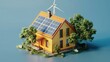 Generate an isometric 3D rendering portraying an energy-efficient home equipped with solar panels and a wind turbine