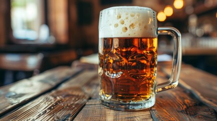 Wall Mural - Close-up of a full beer mug with froth, on a rustic wooden table in a cozy bar.