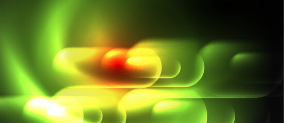 Poster - An abstract macro photograph capturing a blurry image of a green and yellow light on a black backdrop, creating an artistic and mysterious pattern in the darkness