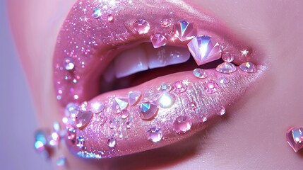 Wall Mural - pink glossy female lips adorned with sparkling crystals, glamorous beauty concept, close-up portrait