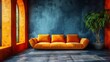 A room with windows, an orange sofa and a potted plant
