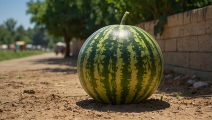 Under the scorching sun, a watermelon sits, its striped exterior promising a cool, juicy oasis amidst the heat of summer ai_generated