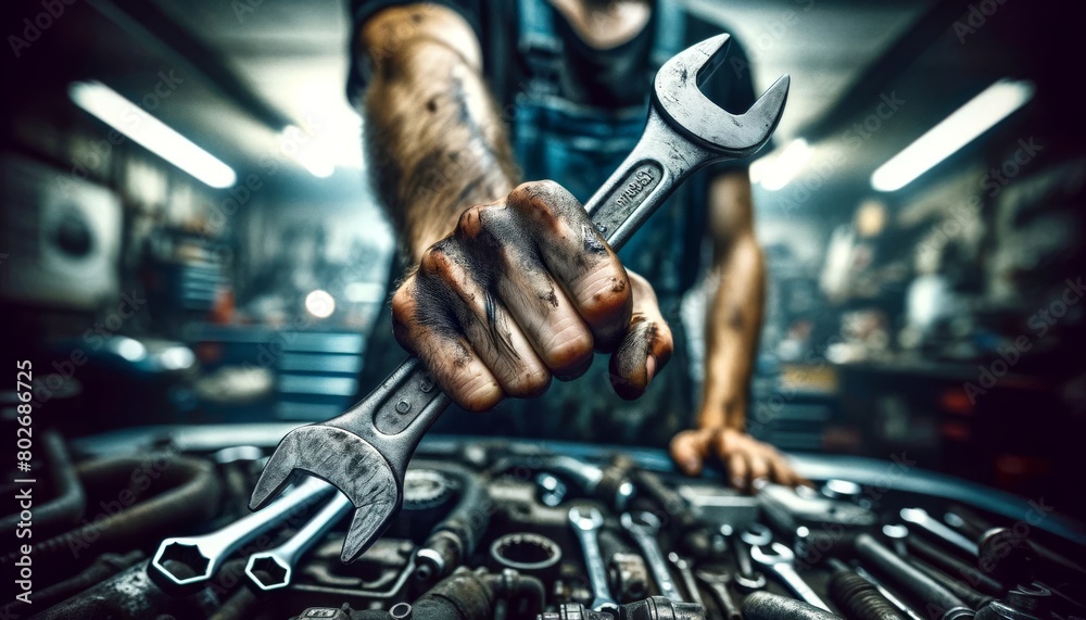 A close-up shot focusing on the rough, grease-stained hands of a ...