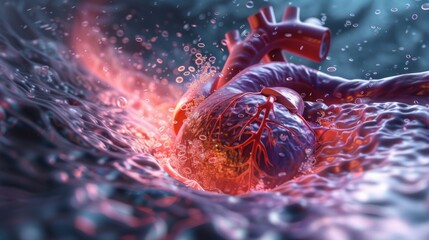 Poster - 3D rendering image depicting the pathophysiology of heart failure, including decreased cardiac output, fluid retention, and myocardial remodeling