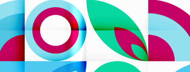 Aufkleber - A vibrant art piece featuring colorful geometric shapes such as circles, triangles, and rectangles in tints and shades of magenta and electric blue, set on a white background