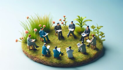 a group of miniature business figures sitting on a patch of grass, engaged in discussion.
