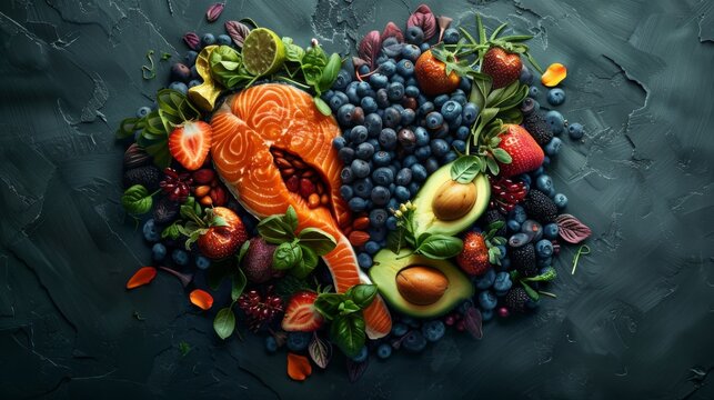 3D rendering image highlighting the importance of balanced nutrition for promoting heart health, including foods rich in omega-3 fatty acids, antioxidants, and fiber