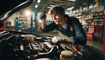 A young apprentice mechanic peering intently from underneath the hood of a car, the interior mechanics of the car visible as they work.