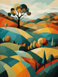 illustrazione di paesaggio con colline dai colori saturi