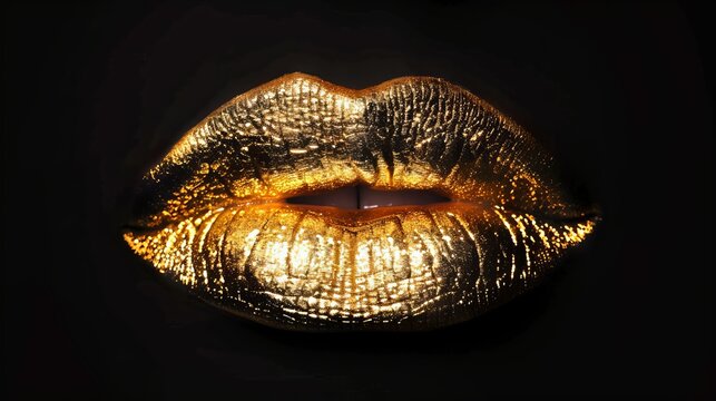 golden lips: luxurious glamour art on black background, isolated with clipping path