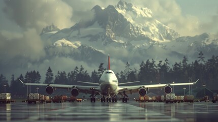 the cargo plane's smooth landing and the subsequent unloading of cargo onto airport tarmac, with ground crew and equipment against the natural scenery of the destination airport