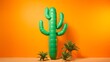 A whimsical giant balloon cactus perfect for photo ops at events crafted in vibrant green and positioned against a solid orange background for a fun and engaging setup
