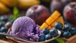 Blueberry ice cream with fresh blueberries and nectarines.