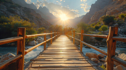 Wall Mural - Wooden bridge crossing the river in mountains