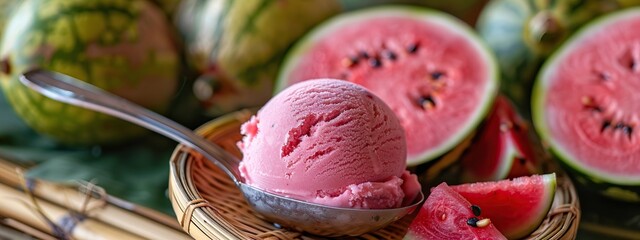 Wall Mural - Scoops of watermelon ice cream with fresh watermelons