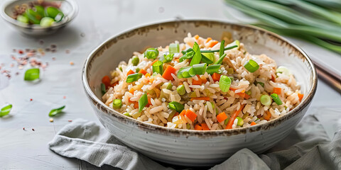 bowl of fried rice with vegetables, green spring onion and carrot on top, generative AI