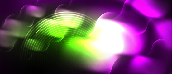 Poster - An event with a vibrant purple and green background, accented with glowing magenta light in the middle. Visual effect lighting creates an electric atmosphere for entertainment