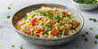 bowl of fried rice with vegetables, green spring onion and carrot on top, generative AI