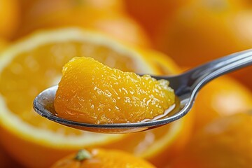 Wall Mural - Closeup of a spoon full of orange jam on a background of oranges