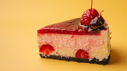 Wall Mural - Close-up photograph featuring a slice of strawberry cheesecake in the foreground, accompanied by a slice of black forest cake. The cakes are set against a warm yellow background.