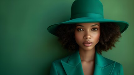 Wall Mural - African-american female - green outfit - hat - green background - stylish composition - fashion shoot - style maker 