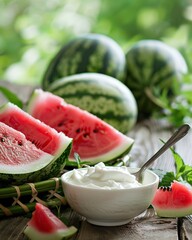 Wall Mural - Fresh watermelon with yogurt in a bowl on a wooden table