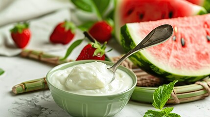 Wall Mural - close up view of fresh yogurt with watermelon and bamboo, banner