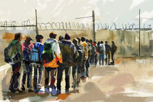A Line Of Hopeful Migrants Waits Patiently At The US Southern Border Under A Harsh Midday Sun.