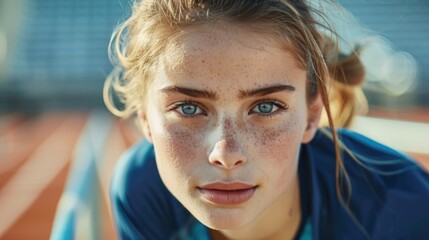 Wall Mural - A young woman with blue eyes and freckles is wearing a blue shirt