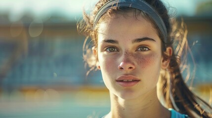 Wall Mural - A young woman with a ponytail and a sweatband on her head