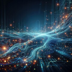 Poster - Futuristic Glowing Wave on Dark Blue Digital Background