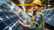 Female worker carrying solar panel in warehouse, factory. Solar panel manufacturer, solar manufacturing.