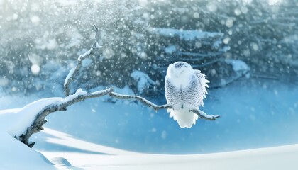 Wall Mural - A snowy owl perched on an icy branch during a tranquil snowfall, its feathers ruffled by the gentle wind.