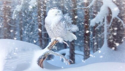 Wall Mural - A snowy owl perched on an icy branch during a tranquil snowfall, its feathers ruffled by the gentle wind.