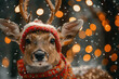 A beautiful deer in Christmas against the background of falling snow, against the backdrop of lights and bokeh effects. Created with Ai