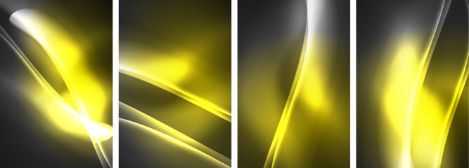 Poster - Four banners featuring liquid yellow and white lights on a black background, showcasing automotive lighting, closeup shots of terrestrial plants, and various tints and shades in circular designs