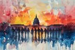 Silhouettes of Soldiers at Sunrise Reflecting on Freedom in Front of the Capitol in a Striking Watercolor Memorial Day Painting
