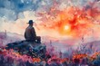 Man in Hat Seated on a Rock Contemplates the Horizon Amidst a Field of Flowers in a Dreamy Watercolor Sunset Scene
