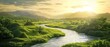 A 3D render of a warm summer morning accentuates a peaceful river, meandering through a vibrant, green valley, Sharpen Landscape background