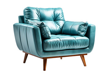 Wall Mural - Office leather chair, sofa small light blue with pillow placed on top isolated on cut out PNG or transparent background. Decorated in living room or drawing room meeting. Modern interior decoration.