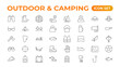 © artnazu - Camping and outdoor activities isolated icons set. Set of tent, camper van, trailer, sleeping bag, canoe, camp equipment, fishing boat, backpack, compass, tools, flashlight, campfire vector icon set.
