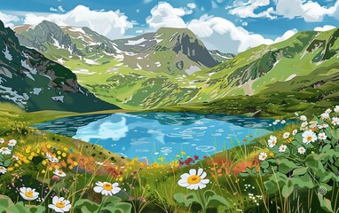 Poster - A vibrant and refreshing illustration of a serene mountain lake surrounded by lush greenery and wildflowers