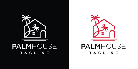 palm tree house logo vector illustration. vector logo design template element with home line style.