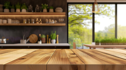 Wall Mural - Wooden table with blurred kitchen background