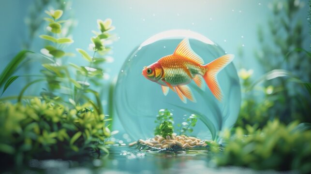 Colorful goldfish swimming in a fishbowl with underwater plants