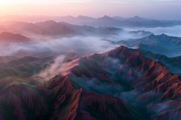 Canvas Print - Majestic mountain ranges enveloped by a misty fog during the golden hour, serving as a metaphor for mystery and exploration