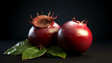 Wall Mural - Pomegranate with leaves on a black background. 3d illustration