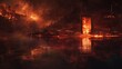 Hellish scene with a dark, reflective lake and a burning landscape, a foreboding door emerges amidst the flames, enhancing the sense of danger