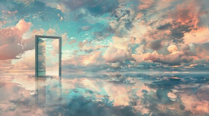 Wall Mural - Magical landscape where a door opens to a dreamy cloud scene, mirrored in a calm lake, enhanced with soft pastels for a soothing young person's room