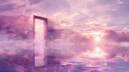 Wall Mural - Mystical door opening to a serene landscape with clouds reflected in a tranquil lake, sky in pastel pink and purple tones